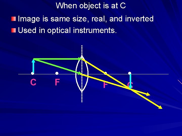 When object is at C Image is same size, real, and inverted Used in