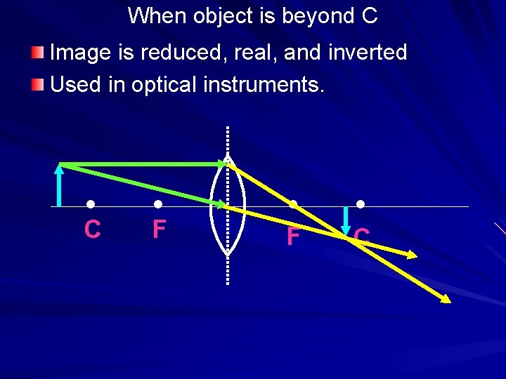 When object is beyond C Image is reduced, real, and inverted Used in optical