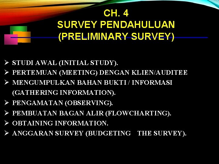 CH. 4 SURVEY PENDAHULUAN (PRELIMINARY SURVEY) STUDI AWAL (INITIAL STUDY). PERTEMUAN (MEETING) DENGAN KLIEN/AUDITEE