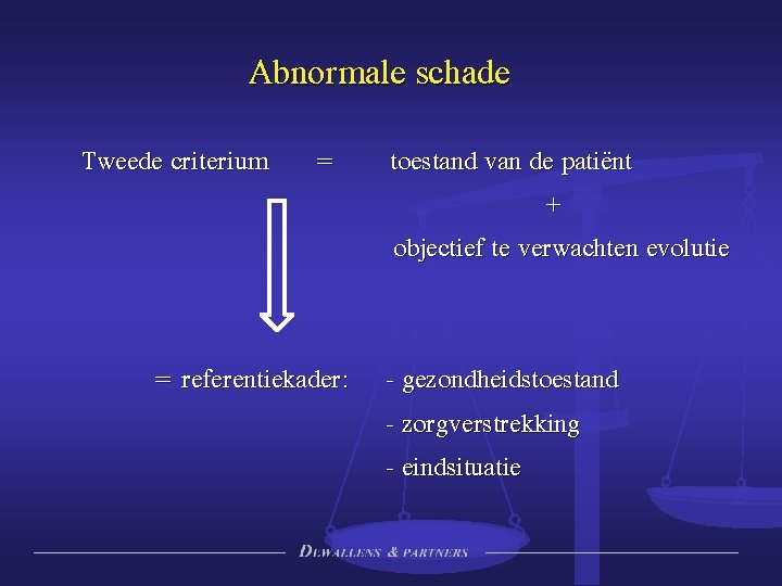 Abnormale schade Tweede criterium = toestand van de patiënt + objectief te verwachten evolutie