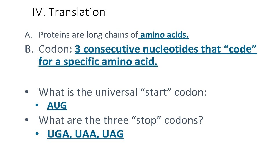 IV. Translation A. Proteins are long chains of amino acids. B. Codon: 3 consecutive IV. Translation A. Proteins are long chains of amino acids. B. Codon: 3 consecutive