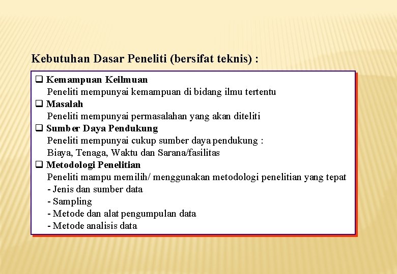 Kebutuhan Dasar Peneliti (bersifat teknis) : Kemampuan Keilmuan Peneliti mempunyai kemampuan di bidang ilmu