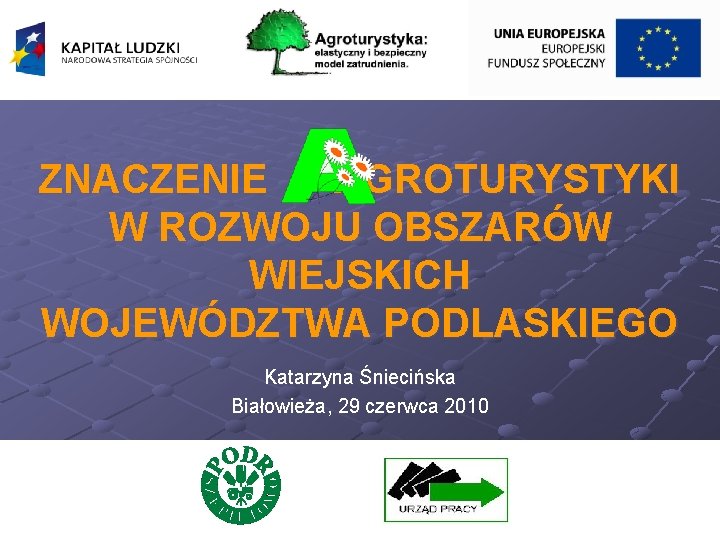 ZNACZENIE AGROTURYSTYKI W ROZWOJU OBSZARÓW WIEJSKICH WOJEWÓDZTWA PODLASKIEGO Katarzyna Śniecińska Białowieża, 29 czerwca 2010