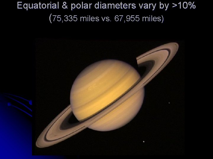 Equatorial & polar diameters vary by >10% (75, 335 miles vs. 67, 955 miles)