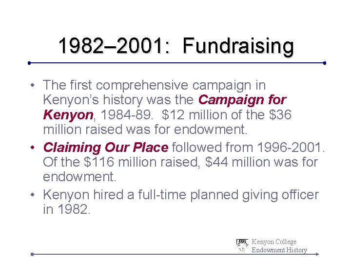 1982– 2001: Fundraising • The first comprehensive campaign in Kenyon’s history was the Campaign