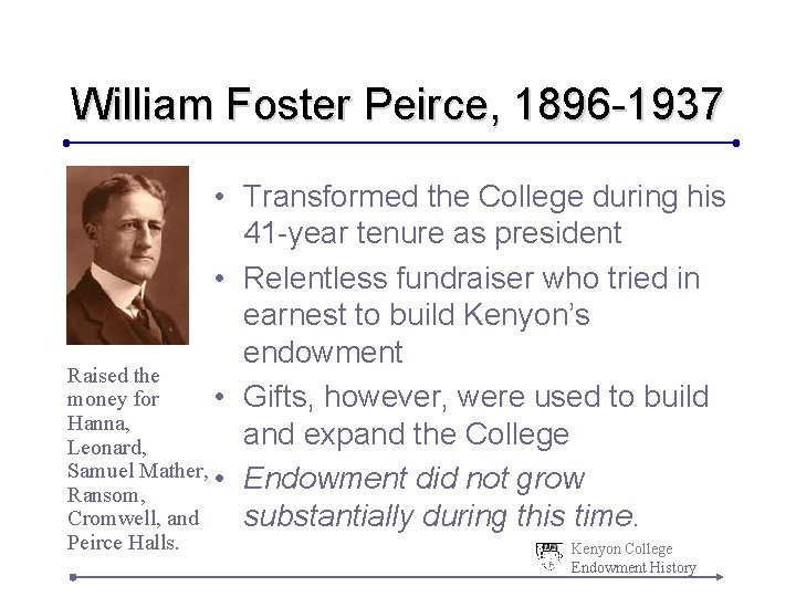 William Foster Peirce, 1896 -1937 • Transformed the College during his 41 -year tenure