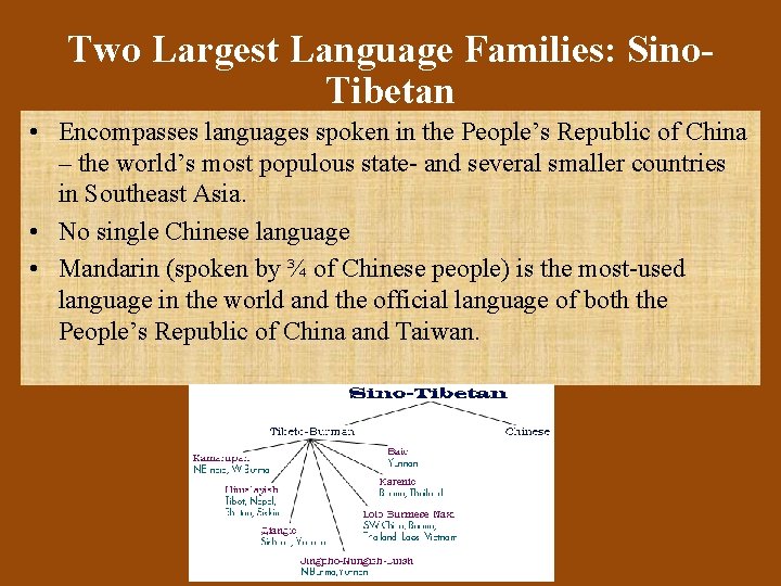 Two Largest Language Families: Sino. Tibetan • Encompasses languages spoken in the People’s Republic