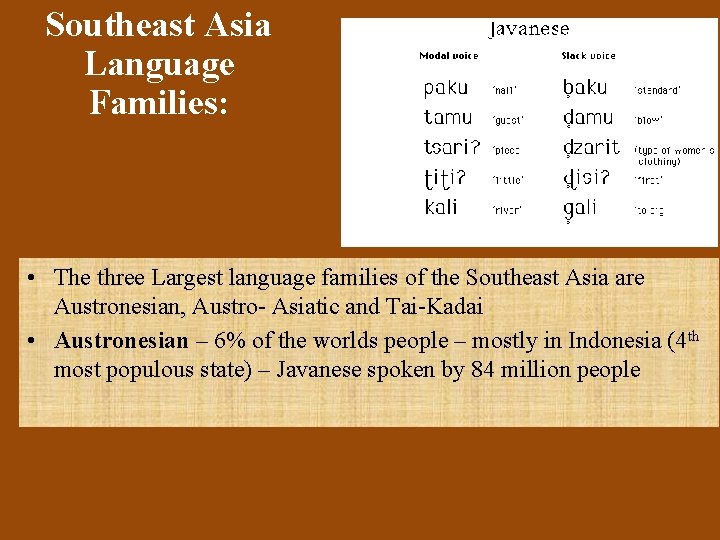 Southeast Asia Language Families: • The three Largest language families of the Southeast Asia