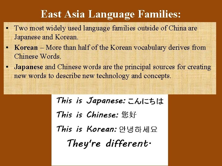 East Asia Language Families: • Two most widely used language families outside of China