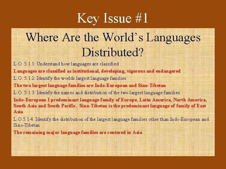 Key Issue #1 Where Are the World’s Languages Distributed? L. O. 5. 1. 1: