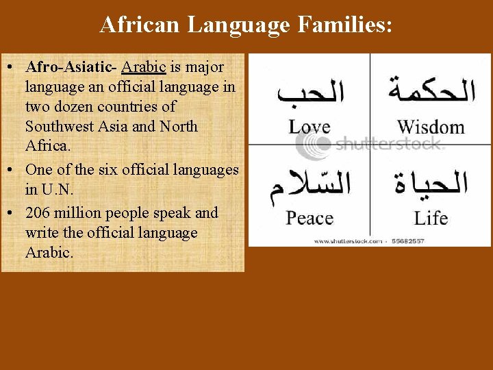 African Language Families: • Afro-Asiatic- Arabic is major language an official language in two