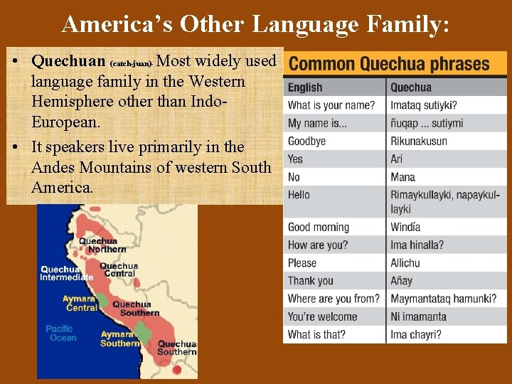 America’s Other Language Family: • Quechuan (catch-juan)- Most widely used language family in the