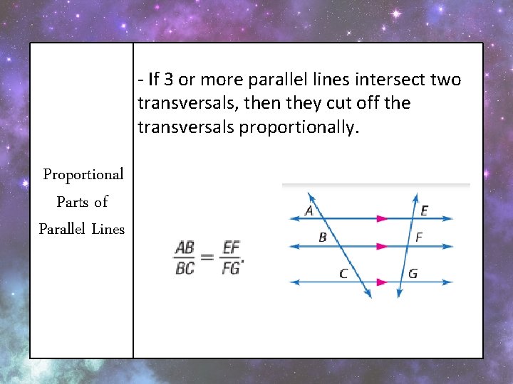- If 3 or more parallel lines intersect two transversals, then they cut off