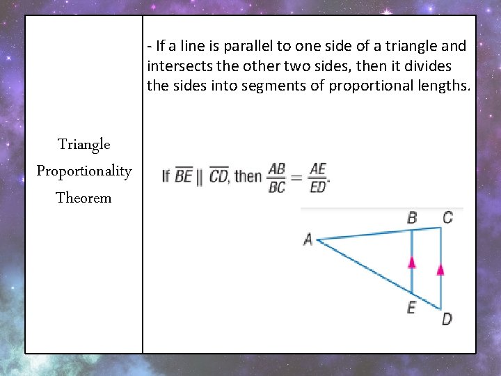 - If a line is parallel to one side of a triangle and intersects