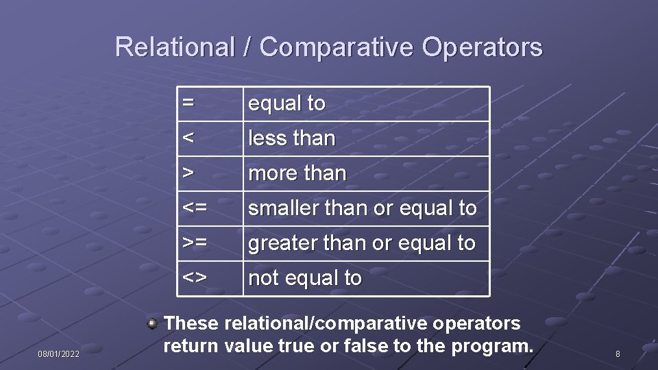 Relational / Comparative Operators 08/01/2022 = equal to < less than > more than