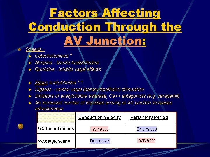 Factors Affecting Conduction Through the AV Junction: Speeds l Catecholamines * l Atropine -