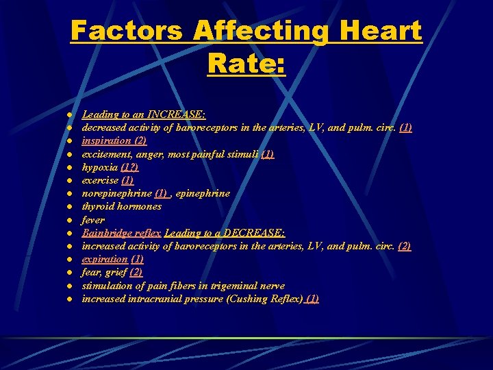Factors Affecting Heart Rate: l l l l Leading to an INCREASE: decreased activity