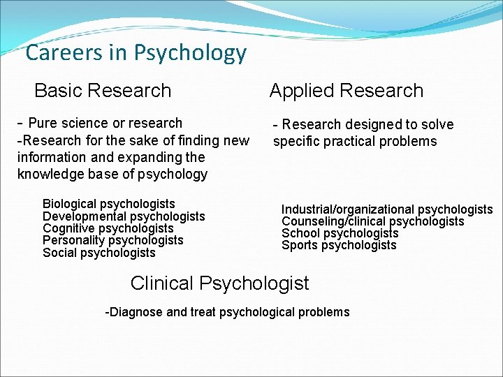 Careers in Psychology Basic Research - Pure science or research -Research for the sake