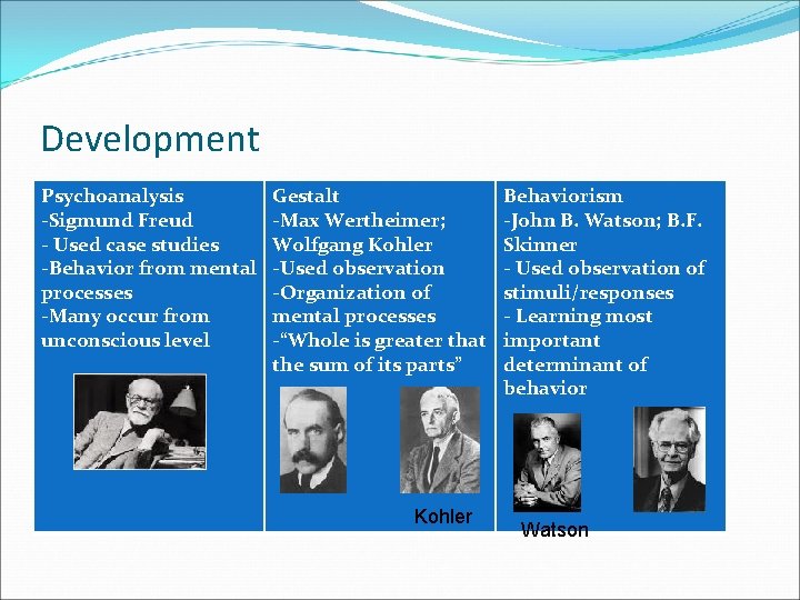 Development Psychoanalysis -Sigmund Freud - Used case studies -Behavior from mental processes -Many occur