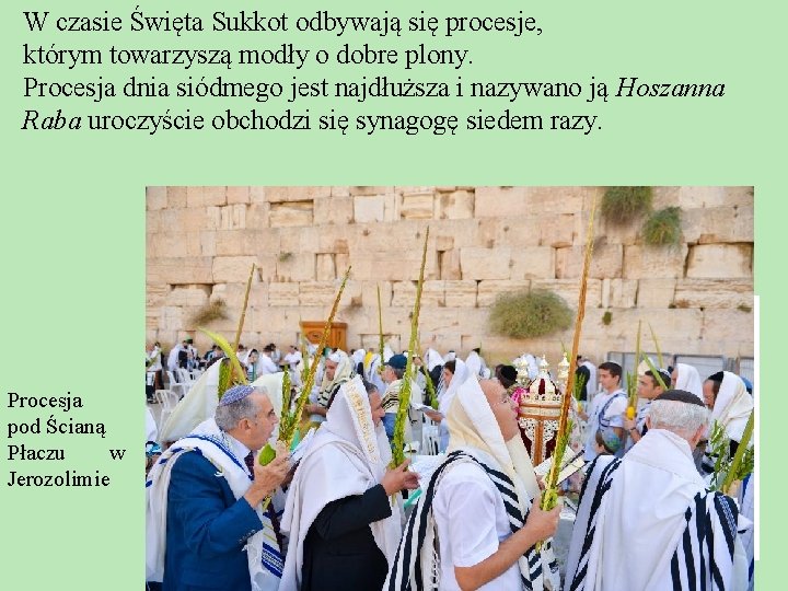 W czasie Święta Sukkot odbywają się procesje, którym towarzyszą modły o dobre plony. Procesja