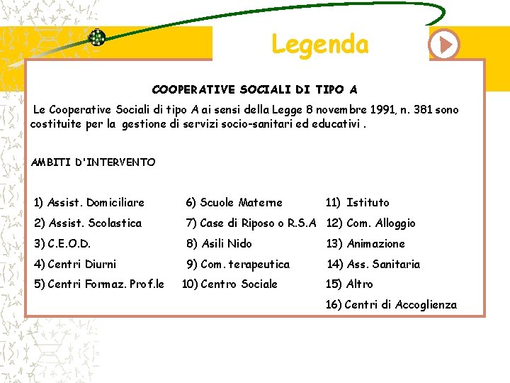 Legenda COOPERATIVE SOCIALI DI TIPO A Le Cooperative Sociali di tipo A ai sensi