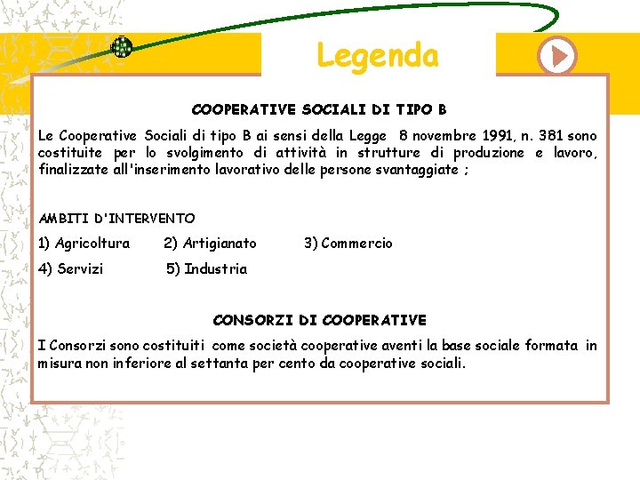 Legenda COOPERATIVE SOCIALI DI TIPO B Le Cooperative Sociali di tipo B ai sensi