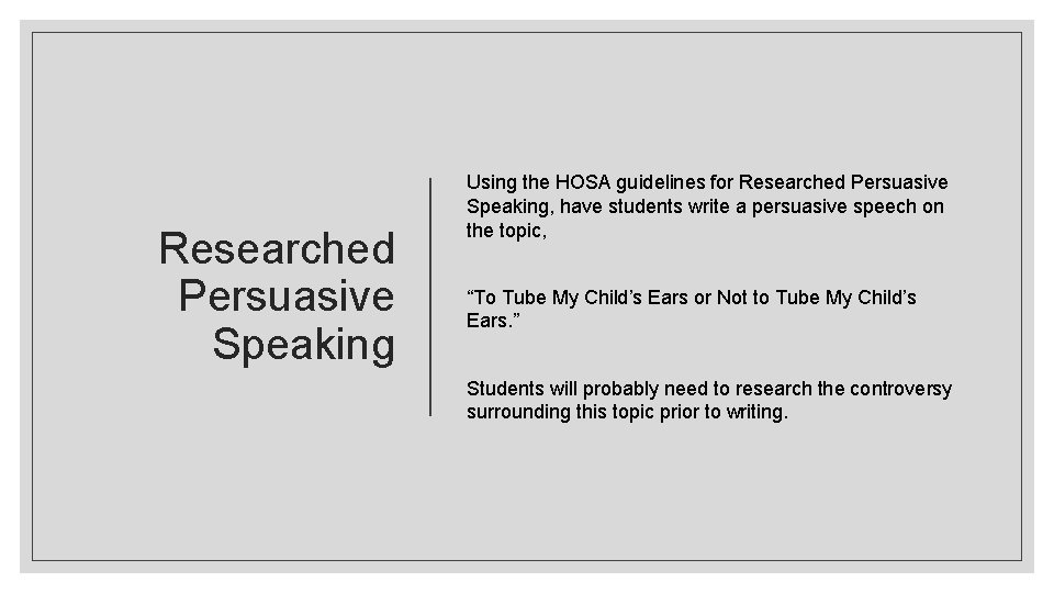 Researched Persuasive Speaking Using the HOSA guidelines for Researched Persuasive Speaking, have students write