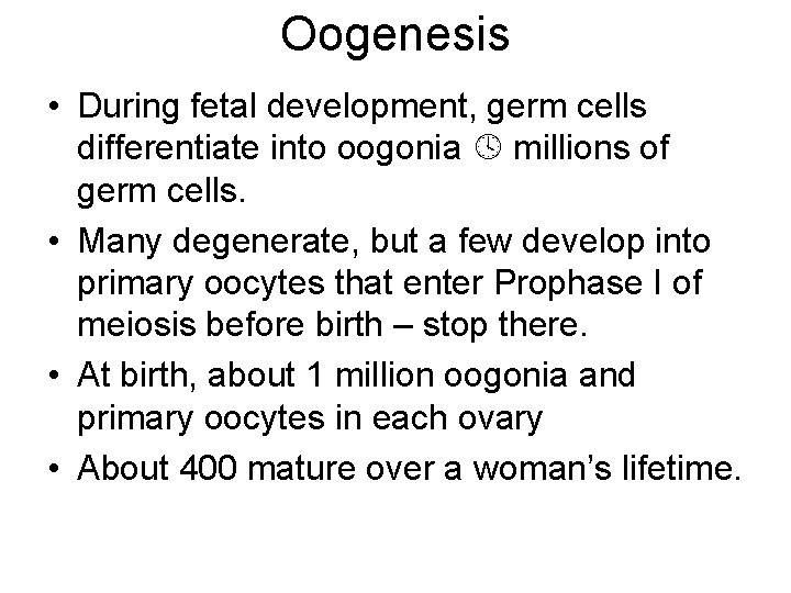 Oogenesis • During fetal development, germ cells differentiate into oogonia millions of germ cells. Oogenesis • During fetal development, germ cells differentiate into oogonia millions of germ cells.
