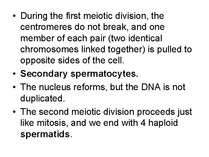 • During the first meiotic division, the centromeres do not break, and one • During the first meiotic division, the centromeres do not break, and one