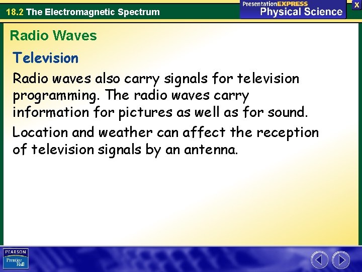 18. 2 The Electromagnetic Spectrum Radio Waves Television Radio waves also carry signals for