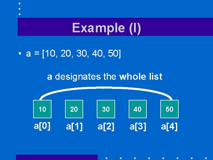 Example (I) • a = [10, 20, 30, 40, 50] a designates the whole