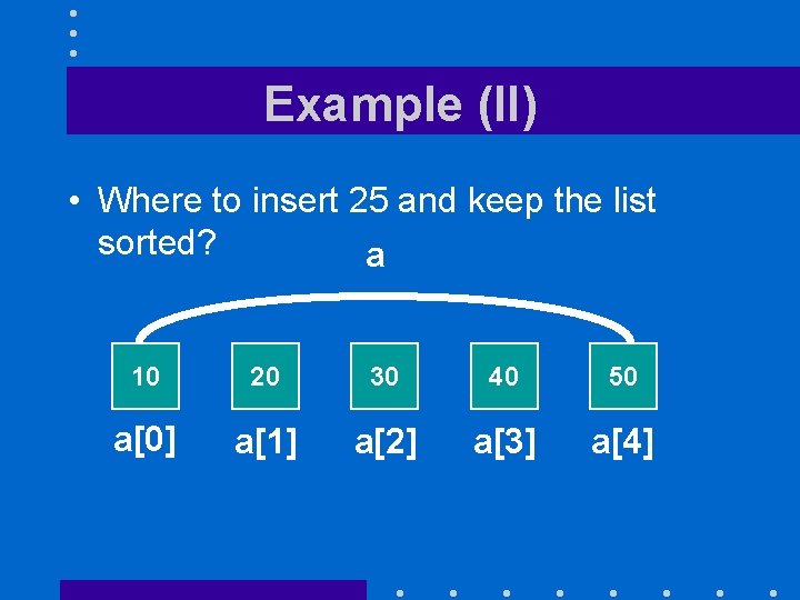 Example (II) • Where to insert 25 and keep the list sorted? a 10