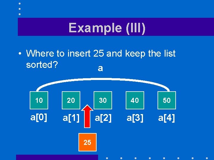 Example (III) • Where to insert 25 and keep the list sorted? a 10