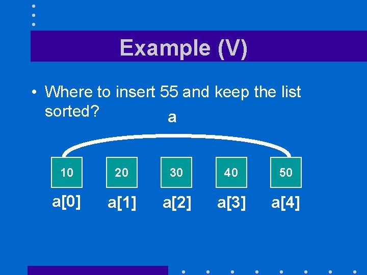 Example (V) • Where to insert 55 and keep the list sorted? a 10