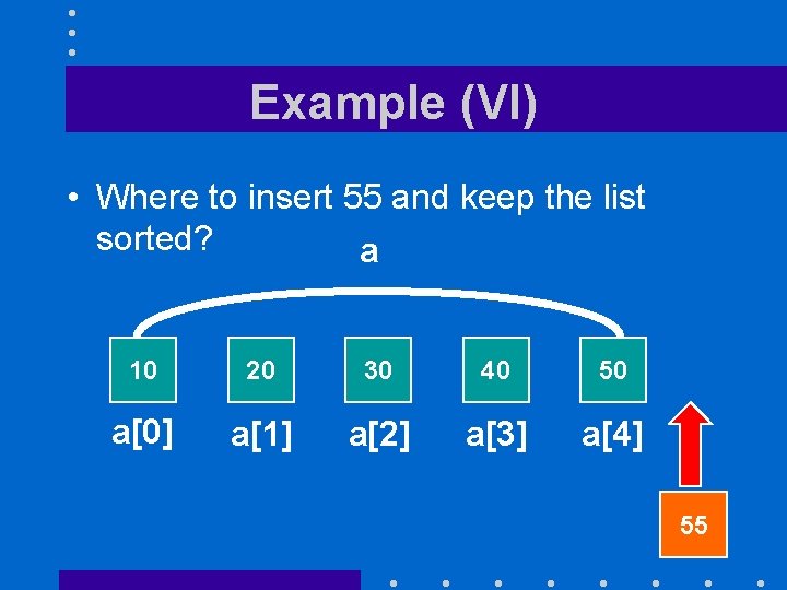 Example (VI) • Where to insert 55 and keep the list sorted? a 10