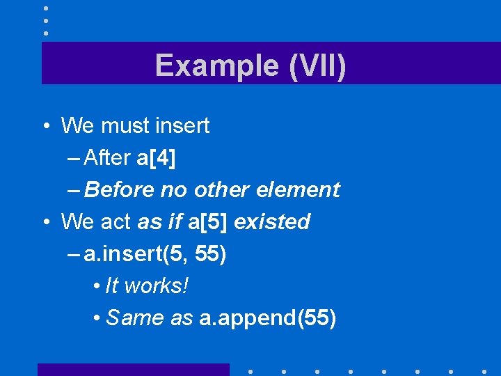 Example (VII) • We must insert – After a[4] – Before no other element