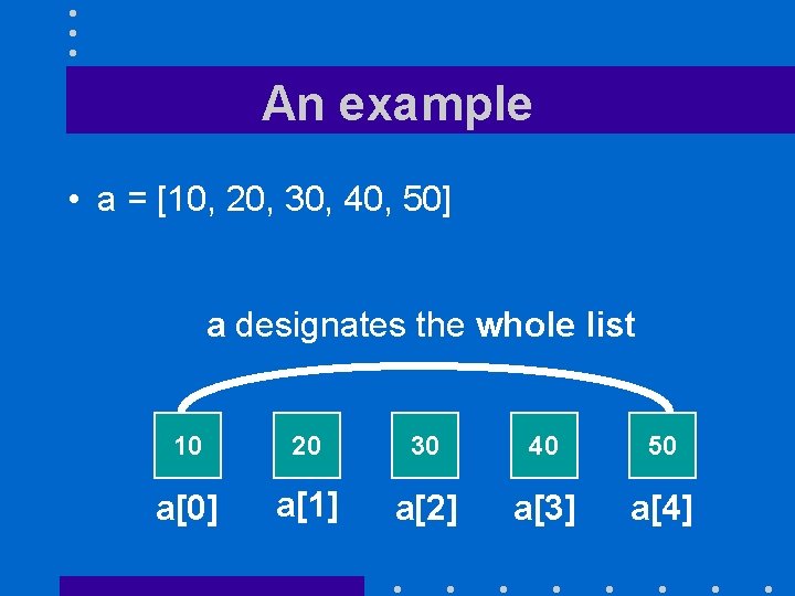 An example • a = [10, 20, 30, 40, 50] a designates the whole