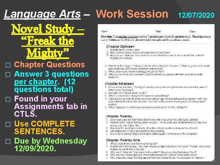 Language Arts – Work Session Novel Study – “Freak the Mighty” Chapter Questions Answer