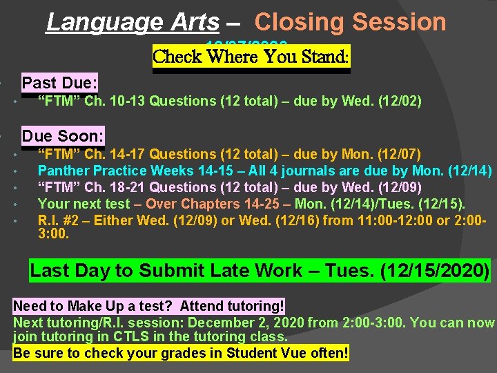 Language Arts – Closing Session 12/07/2020 Check Where You Stand: Past Due: • •