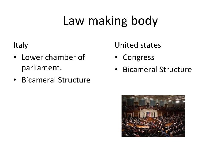 Law making body Italy • Lower chamber of parliament. • Bicameral Structure United states