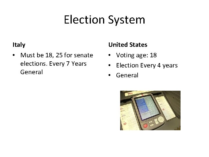 Election System Italy United States • Must be 18, 25 for senate elections. Every