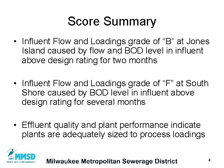 Score Summary • Influent Flow and Loadings grade of “B” at Jones Island caused