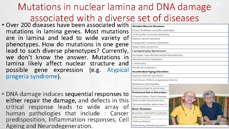 Mutations in nuclear lamina and DNA damage associated with a diverse set of diseases