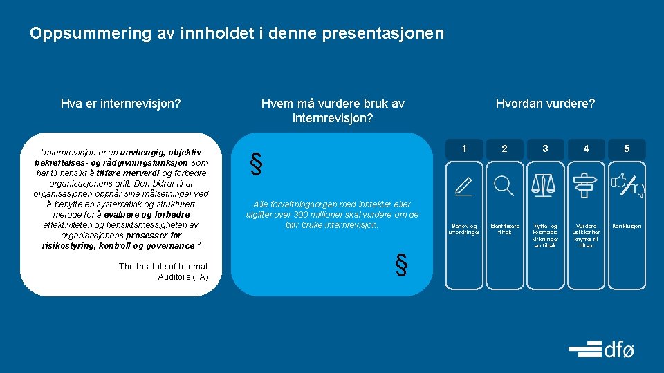 Oppsummering av innholdet i denne presentasjonen Hva er internrevisjon? ”Internrevisjon er en uavhengig, objektiv