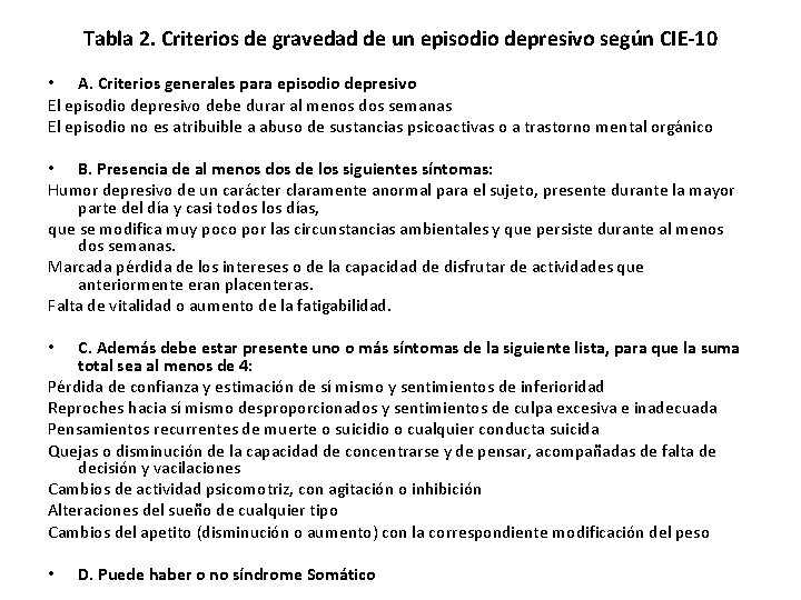 Tabla 2. Criterios de gravedad de un episodio depresivo según CIE-10 • A. Criterios Tabla 2. Criterios de gravedad de un episodio depresivo según CIE-10 • A. Criterios
