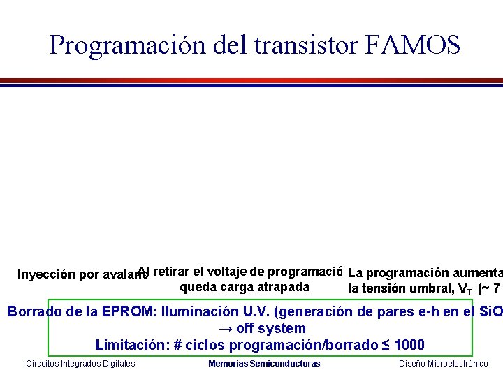 Programación del transistor FAMOS Al retirar el voltaje de programación. La programación aumenta Inyección