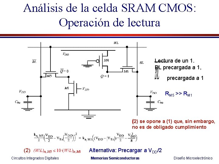 Análisis de la celda SRAM CMOS: Operación de lectura Lectura de un 1. BL