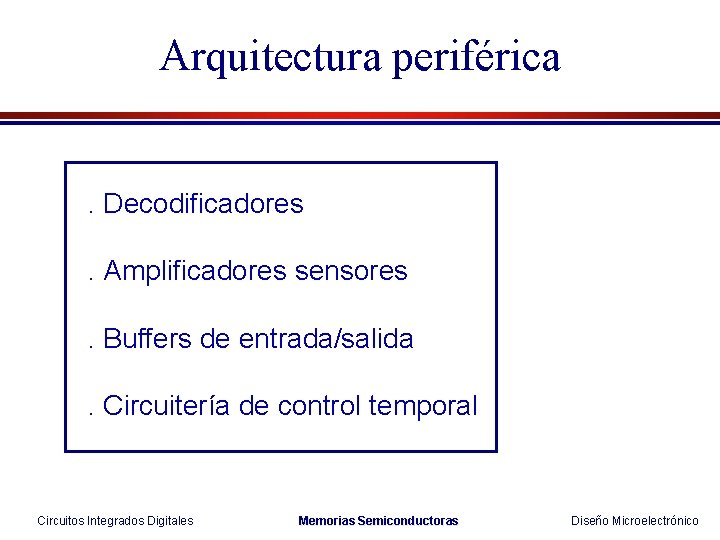 Arquitectura periférica. Decodificadores. Amplificadores sensores. Buffers de entrada/salida. Circuitería de control temporal Circuitos Integrados