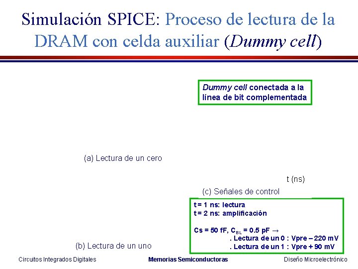 Simulación SPICE: Proceso de lectura de la DRAM con celda auxiliar (Dummy cell) Dummy