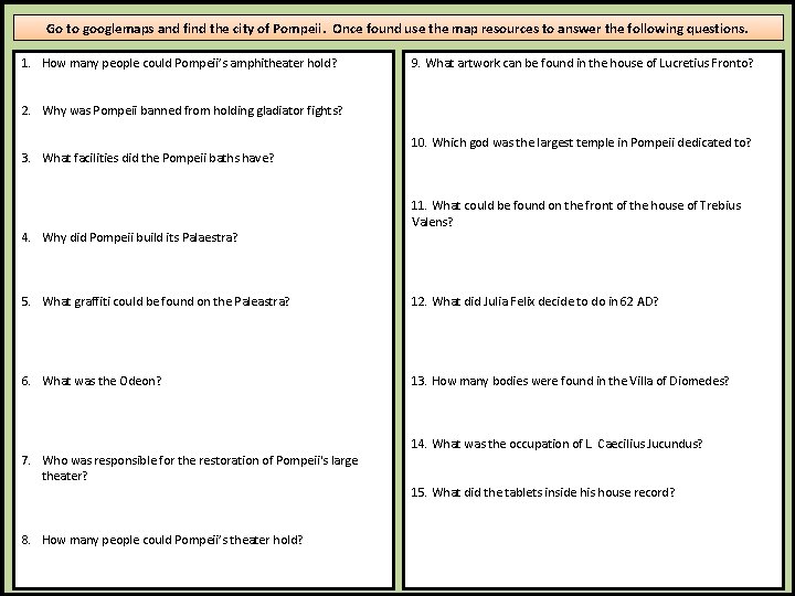 Go to googlemaps and find the city of Pompeii. Once found use the map